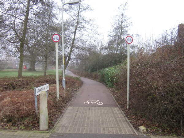 The photo for No cycling signs on Great Oak Row cycle path.